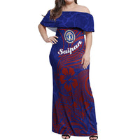Saipan Northern Mariana Islands Off Shoulder Maxi Dress Polynesian Tribal Tattoo Art With Hibiscus Flowers And Seal