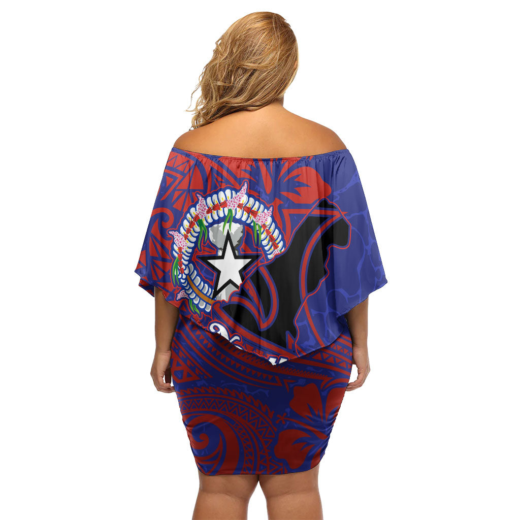 Saipan Northern Mariana Islands Off Shoulder Short Dress Polynesian Tribal Tattoo Art With Hibiscus Flowers And Seal