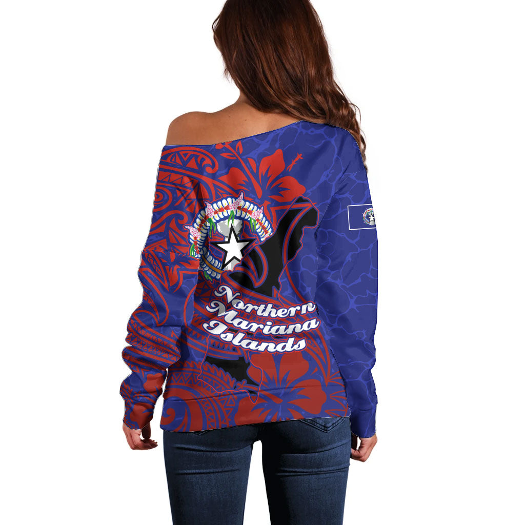Saipan Northern Mariana Islands Off Shoulder Sweater Polynesian Tribal Tattoo Art With Hibiscus Flowers And Seal