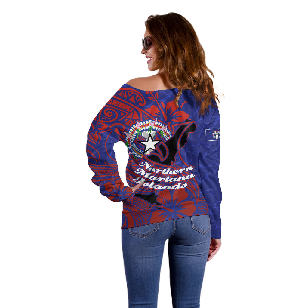 Saipan Northern Mariana Islands Off Shoulder Sweater Polynesian Tribal Tattoo Art With Hibiscus Flowers And Seal
