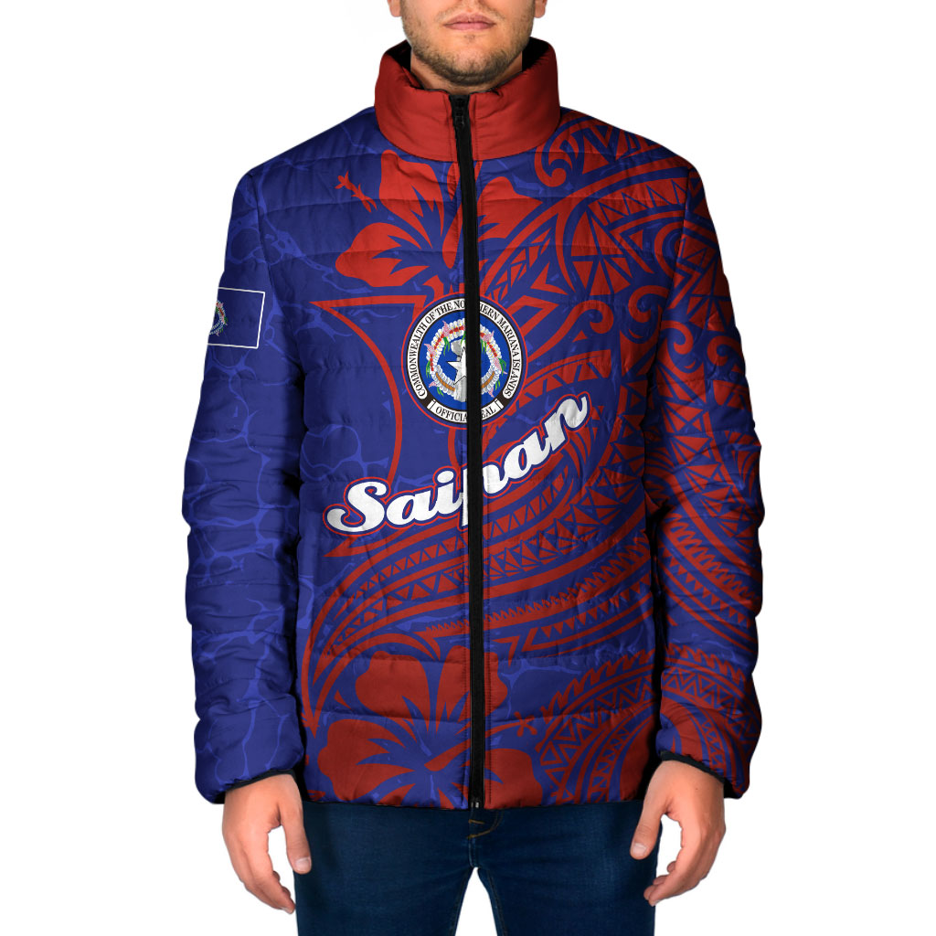Saipan Northern Mariana Islands Padded Jacket Polynesian Tribal Tattoo Art With Hibiscus Flowers And Seal TS04 Men Blue Red - Polynesian Pride