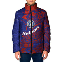 Saipan Northern Mariana Islands Padded Jacket Polynesian Tribal Tattoo Art With Hibiscus Flowers And Seal TS04 Men Blue Red - Polynesian Pride