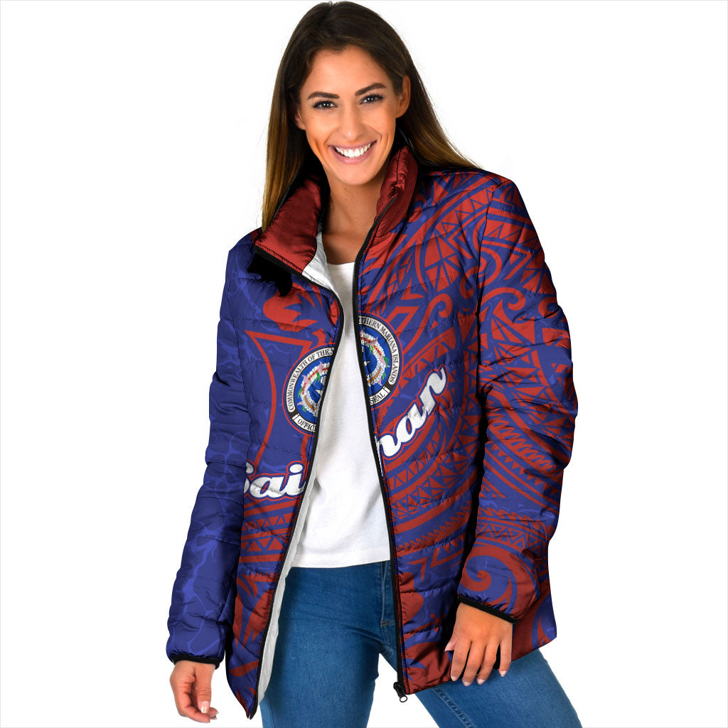 Saipan Northern Mariana Islands Padded Jacket Polynesian Tribal Tattoo Art With Hibiscus Flowers And Seal TS04 Women Blue Red - Polynesian Pride