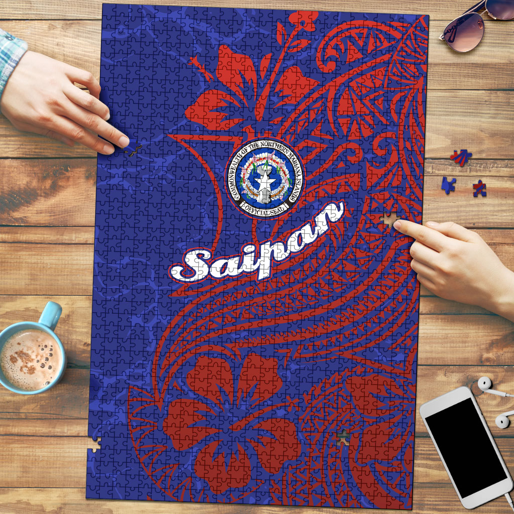 Saipan Northern Mariana Islands Puzzle Polynesian Tribal Tattoo Art With Hibiscus Flowers And Seal TS04 Blue Red - Polynesian Pride