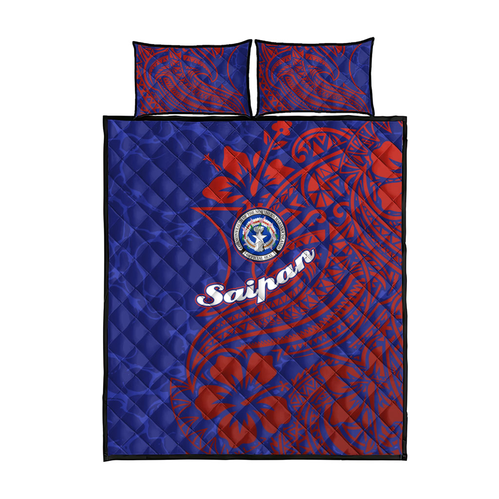Saipan Northern Mariana Islands Quilt Bed Set Polynesian Tribal Tattoo Art With Hibiscus Flowers And Seal