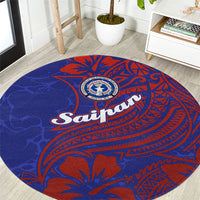 Saipan Northern Mariana Islands Round Carpet Polynesian Tribal Tattoo Art With Hibiscus Flowers And Seal TS04 Blue Red - Polynesian Pride