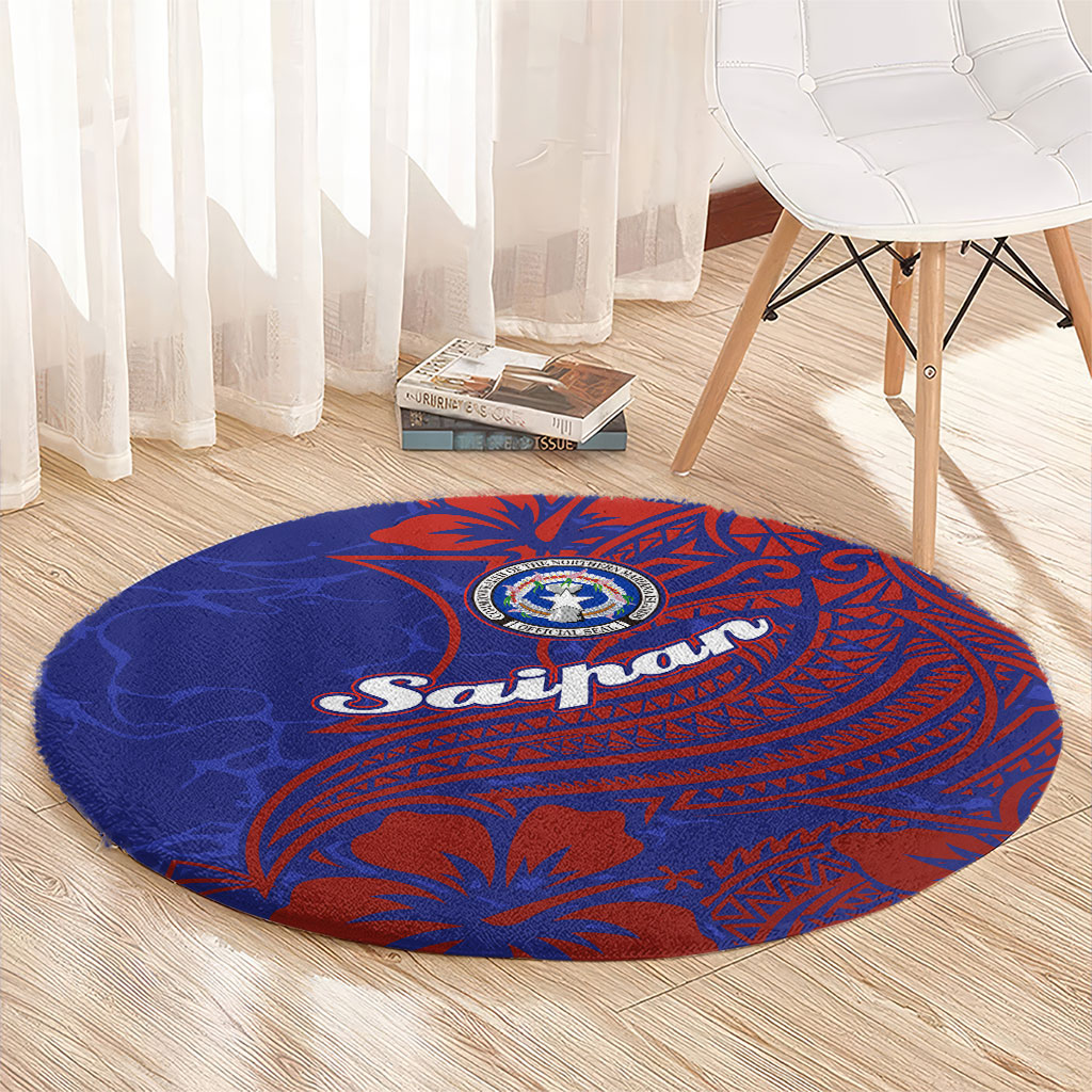 Saipan Northern Mariana Islands Round Carpet Polynesian Tribal Tattoo Art With Hibiscus Flowers And Seal TS04 - Polynesian Pride