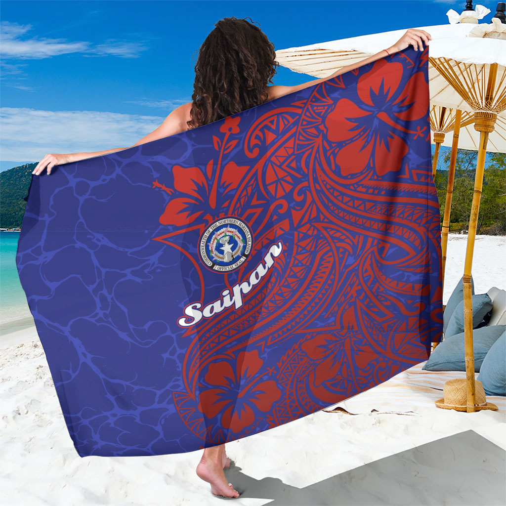 Saipan Northern Mariana Islands Sarong Polynesian Tribal Tattoo Art With Hibiscus Flowers And Seal TS04 One Size 44 x 66 inches Blue Red - Polynesian Pride