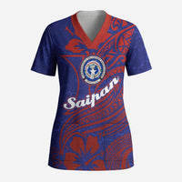Saipan Northern Mariana Islands Scrub Top Polynesian Tribal Tattoo Art With Hibiscus Flowers And Seal TS04 Adult Blue Red - Polynesian Pride