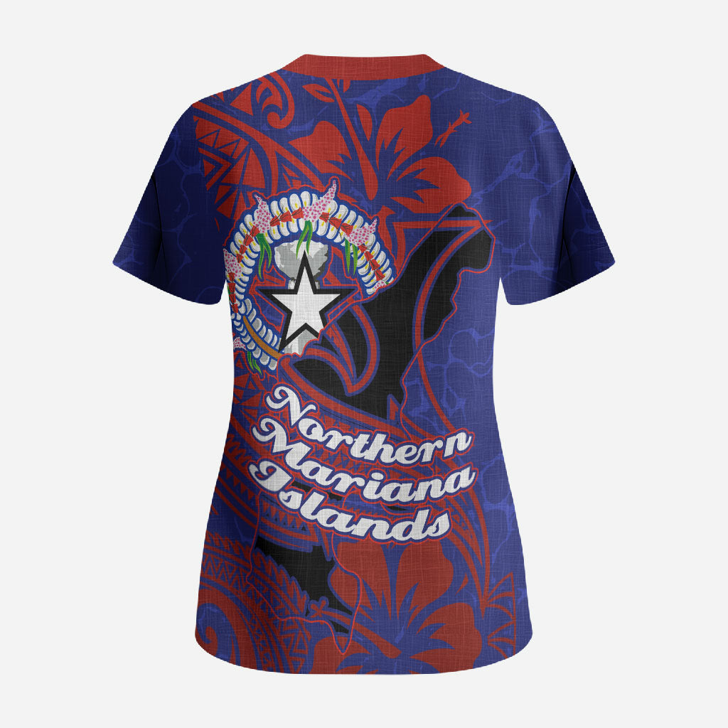Saipan Northern Mariana Islands Scrub Top Polynesian Tribal Tattoo Art With Hibiscus Flowers And Seal TS04 - Polynesian Pride