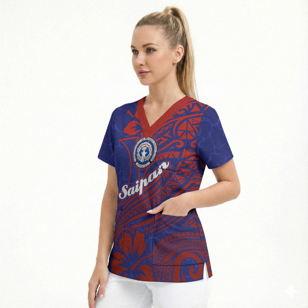 Saipan Northern Mariana Islands Scrub Top Polynesian Tribal Tattoo Art With Hibiscus Flowers And Seal TS04 - Polynesian Pride