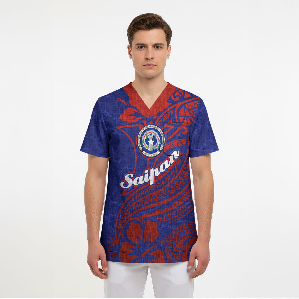 Saipan Northern Mariana Islands Scrub Top Polynesian Tribal Tattoo Art With Hibiscus Flowers And Seal TS04 - Polynesian Pride