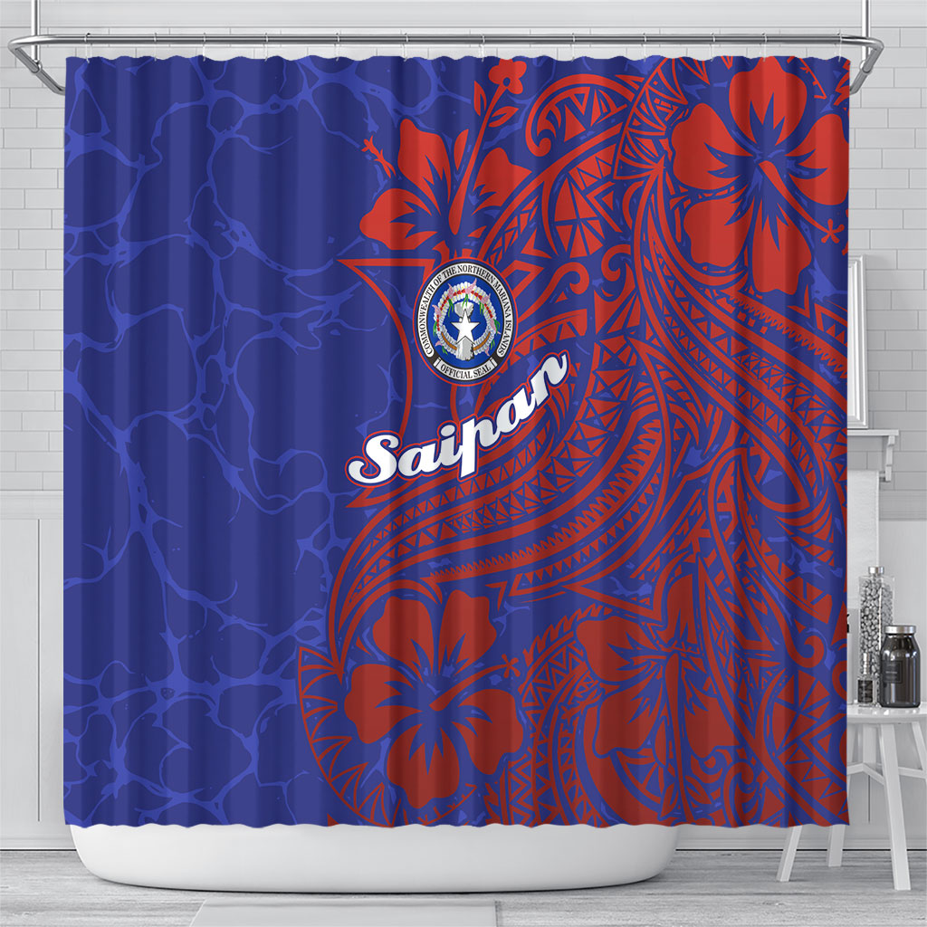 Saipan Northern Mariana Islands Shower Curtain Polynesian Tribal Tattoo Art With Hibiscus Flowers And Seal