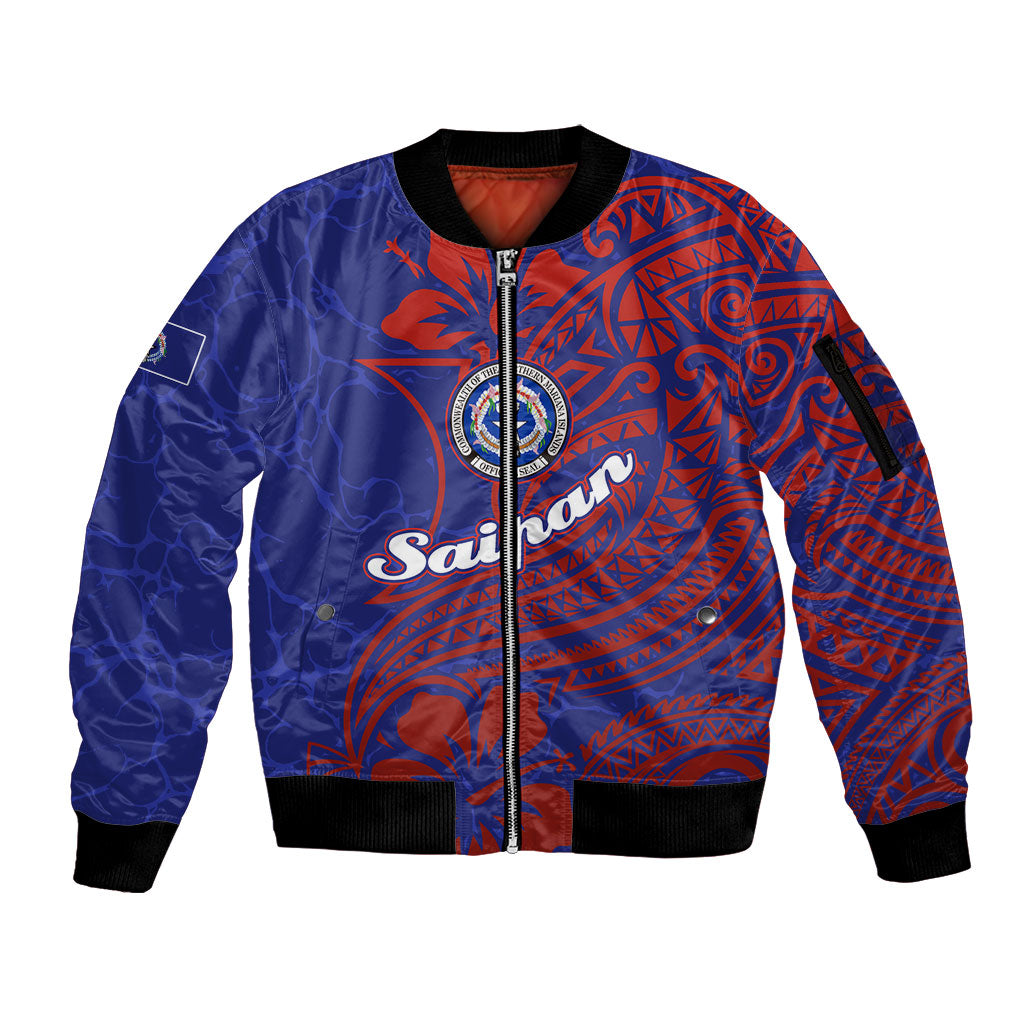 Saipan Northern Mariana Islands Sleeve Zip Bomber Jacket Polynesian Tribal Tattoo Art With Hibiscus Flowers And Seal TS04 Unisex Blue Red - Polynesian Pride