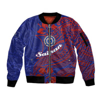 Saipan Northern Mariana Islands Sleeve Zip Bomber Jacket Polynesian Tribal Tattoo Art With Hibiscus Flowers And Seal TS04 Unisex Blue Red - Polynesian Pride