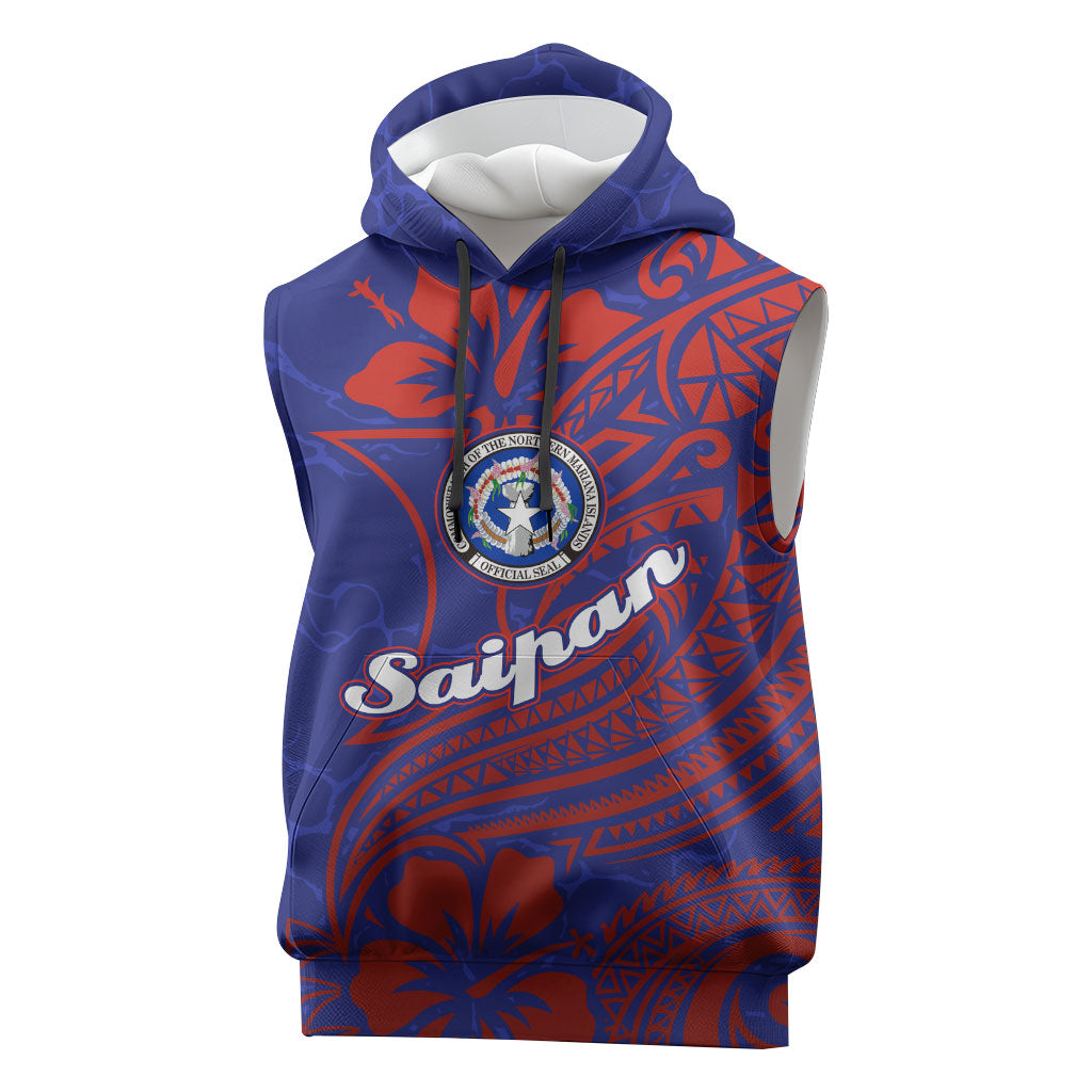 Saipan Northern Mariana Islands Sleeveless Hoodie Polynesian Tribal Tattoo Art With Hibiscus Flowers And Seal