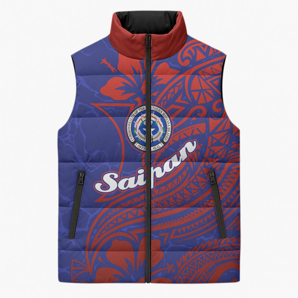 Saipan Northern Mariana Islands Sleeveless Puffer Jacket Polynesian Tribal Tattoo Art With Hibiscus Flowers And Seal TS04 Unisex Blue Red - Polynesian Pride