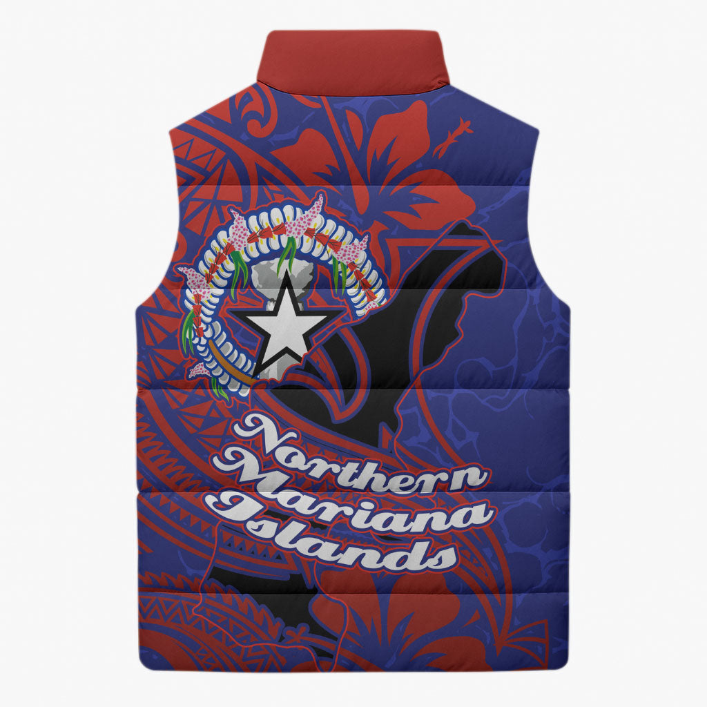 Saipan Northern Mariana Islands Sleeveless Puffer Jacket Polynesian Tribal Tattoo Art With Hibiscus Flowers And Seal TS04 - Polynesian Pride