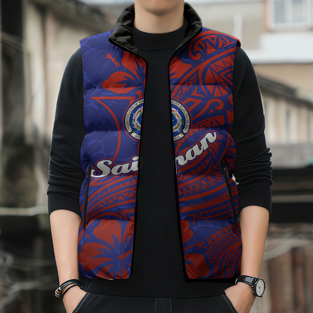 Saipan Northern Mariana Islands Sleeveless Puffer Jacket Polynesian Tribal Tattoo Art With Hibiscus Flowers And Seal TS04 - Polynesian Pride