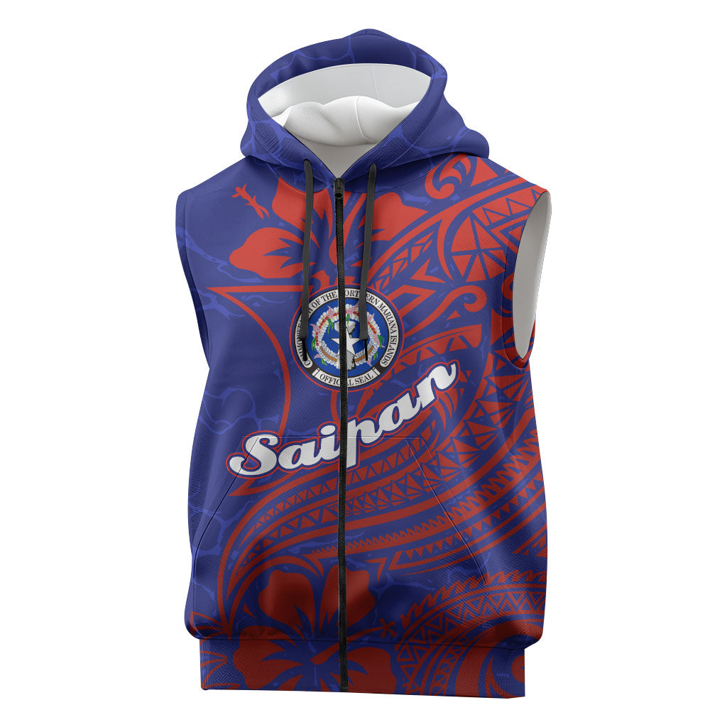 Saipan Northern Mariana Islands Sleeveless Zip Hoodie Polynesian Tribal Tattoo Art With Hibiscus Flowers And Seal