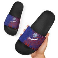 Saipan Northern Mariana Islands Slide Sandals Polynesian Tribal Tattoo Art With Hibiscus Flowers And Seal