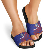 Saipan Northern Mariana Islands Slide Sandals Polynesian Tribal Tattoo Art With Hibiscus Flowers And Seal