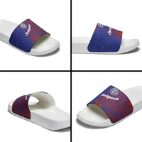 Saipan Northern Mariana Islands Slide Sandals Polynesian Tribal Tattoo Art With Hibiscus Flowers And Seal