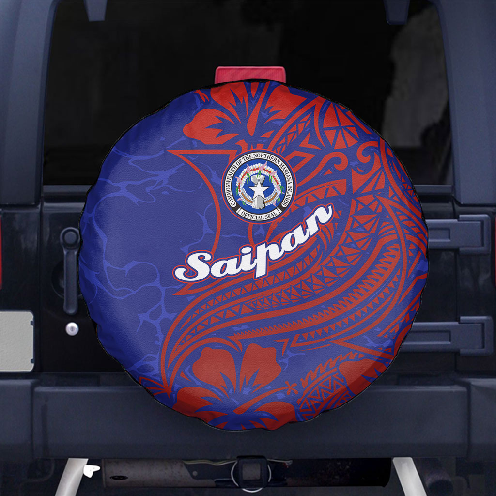 Saipan Northern Mariana Islands Spare Tire Cover Polynesian Tribal Tattoo Art With Hibiscus Flowers And Seal