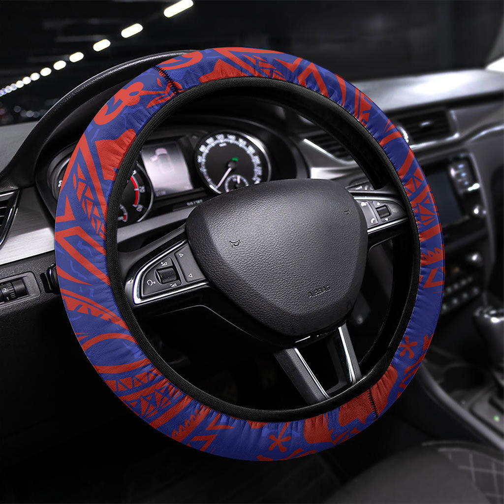 Saipan Northern Mariana Islands Steering Wheel Cover Polynesian Tribal Tattoo Art With Hibiscus Flowers And Seal TS04 Universal Fit Blue Red - Polynesian Pride