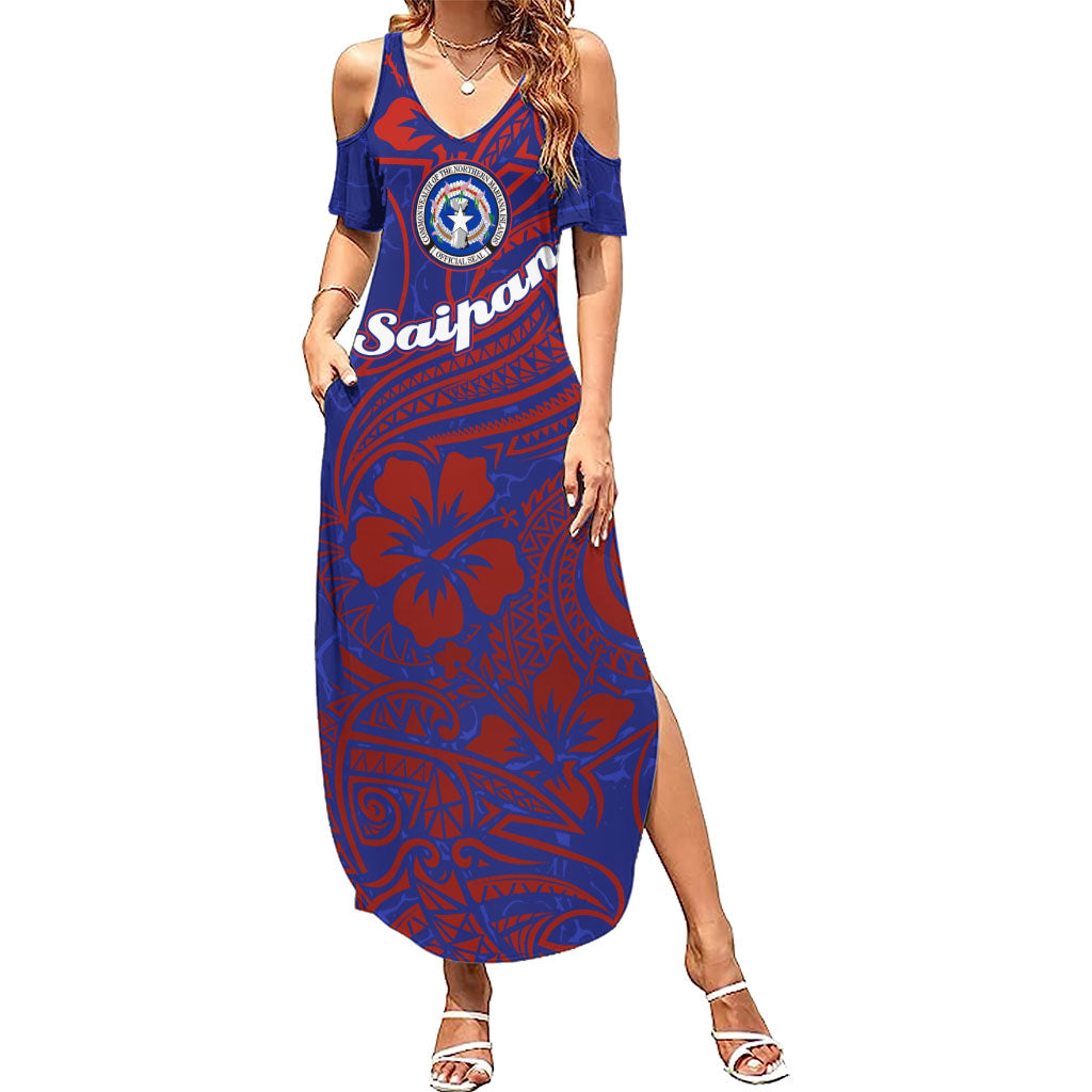 Saipan Northern Mariana Islands Summer Maxi Dress Polynesian Tribal Tattoo Art With Hibiscus Flowers And Seal