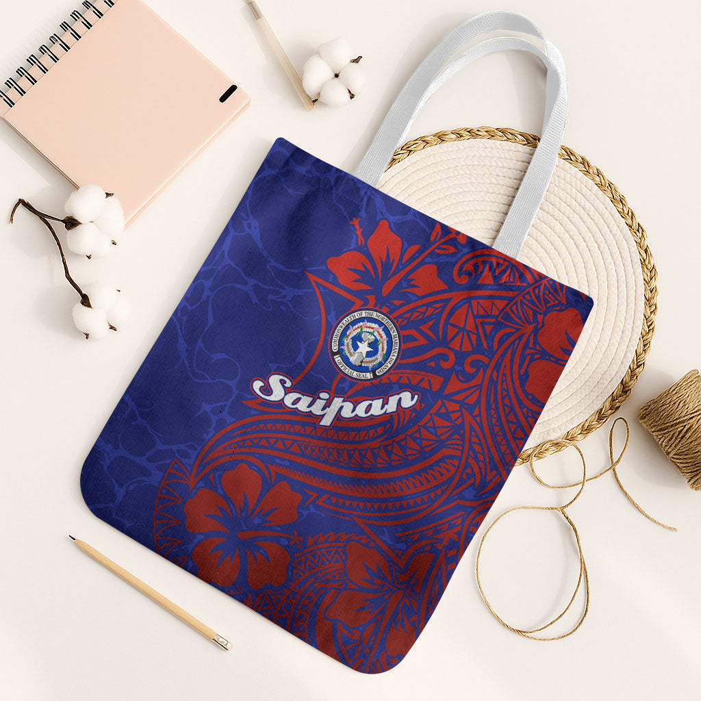 Saipan Northern Mariana Islands Tote Bag Polynesian Tribal Tattoo Art With Hibiscus Flowers And Seal
