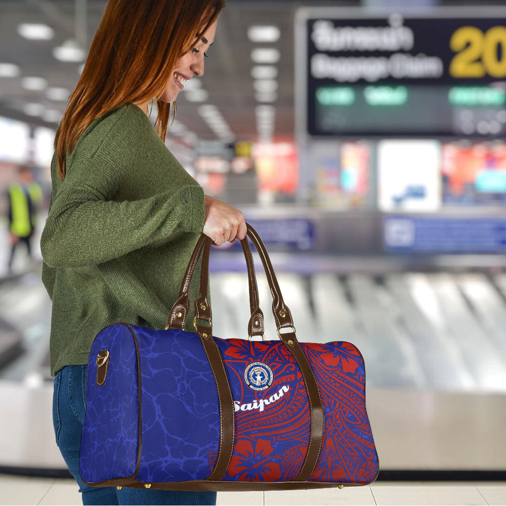 Saipan Northern Mariana Islands Travel Bag Polynesian Tribal Tattoo Art With Hibiscus Flowers And Seal