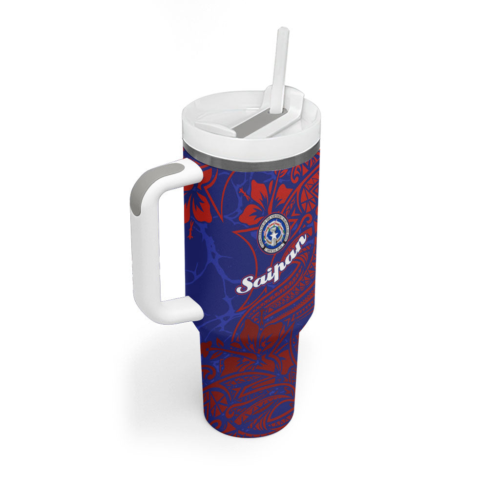 Saipan Northern Mariana Islands Tumbler With Handle Polynesian Tribal Tattoo Art With Hibiscus Flowers And Seal