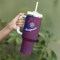 Saipan Northern Mariana Islands Tumbler With Handle Polynesian Tribal Tattoo Art With Hibiscus Flowers And Seal