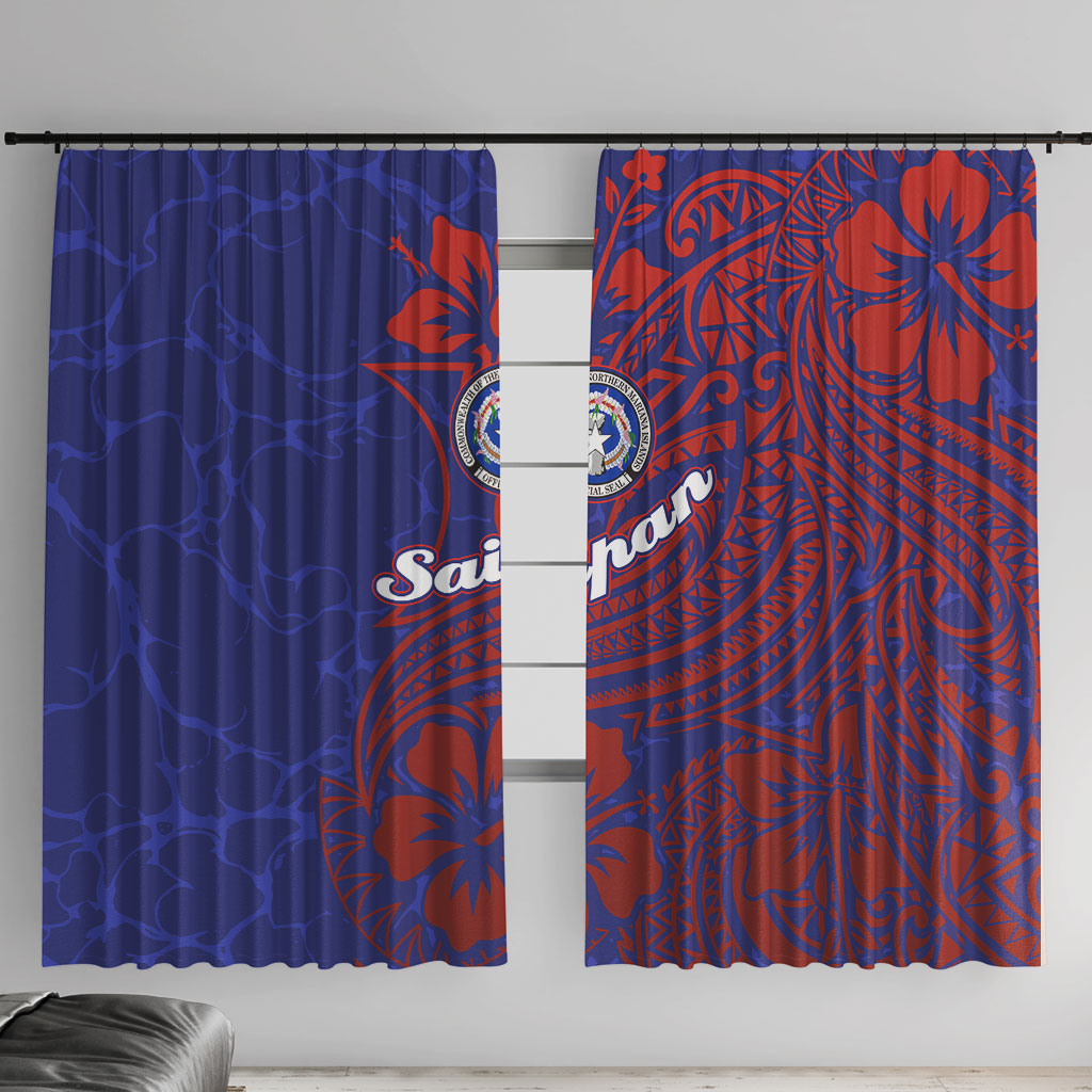 Saipan Northern Mariana Islands Window Curtain Polynesian Tribal Tattoo Art With Hibiscus Flowers And Seal TS04 With Hooks Blue Red - Polynesian Pride