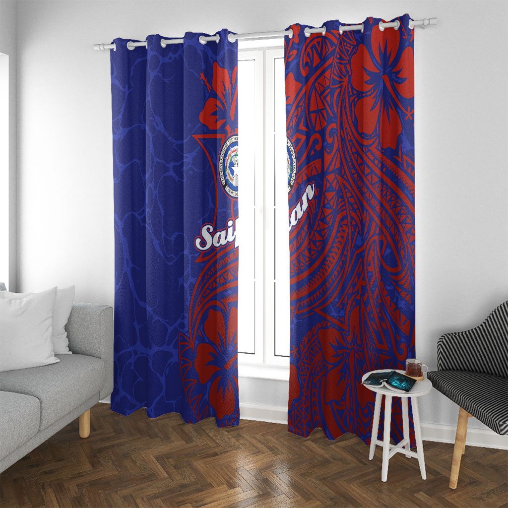 Saipan Northern Mariana Islands Window Curtain Polynesian Tribal Tattoo Art With Hibiscus Flowers And Seal TS04 With Grommets Blue Red - Polynesian Pride