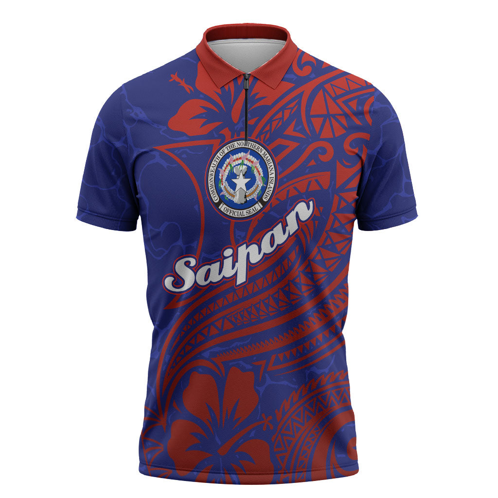 Saipan Northern Mariana Islands Zipper Polo Shirt Polynesian Tribal Tattoo Art With Hibiscus Flowers And Seal