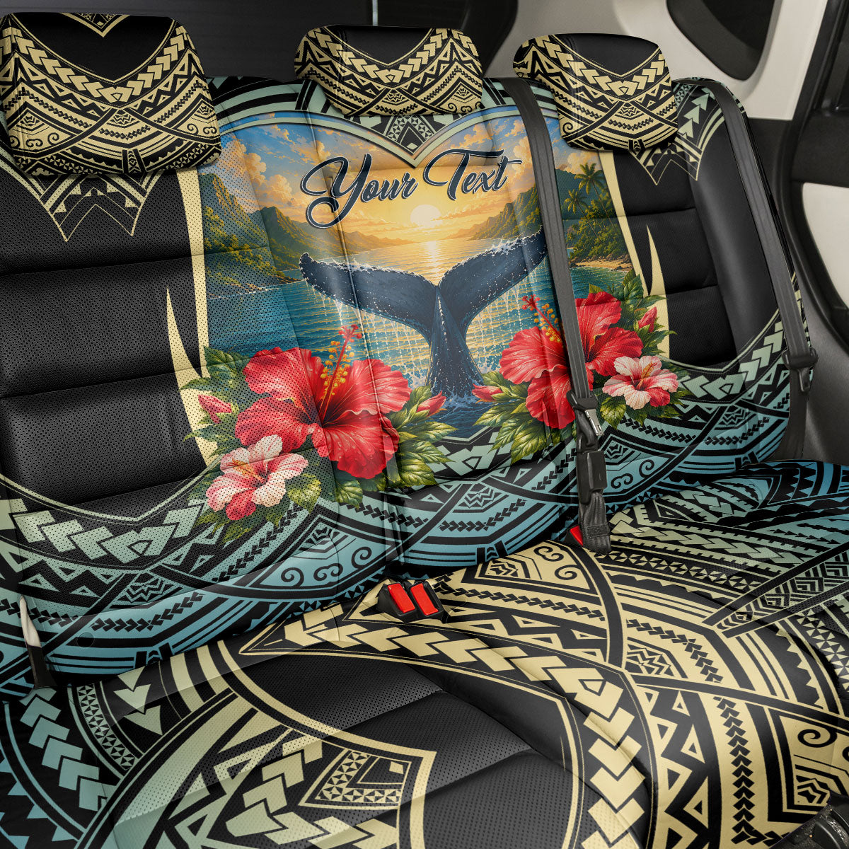 Personalized Masefau American Samoa Whale Back Car Seat Cover Polynesian Tribal Pattern Tropical Hibiscus
