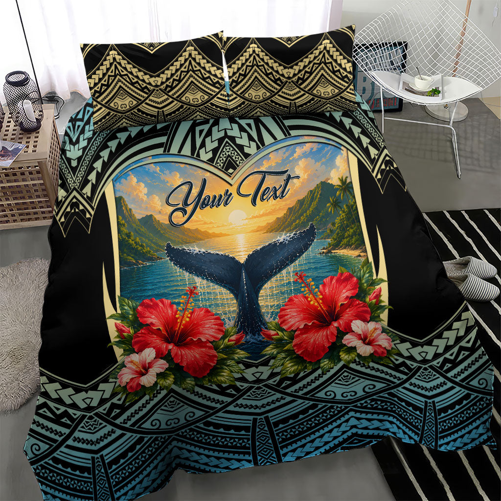 Personalized Masefau American Samoa Whale Bedding Set Polynesian Tribal Pattern Tropical Hibiscus