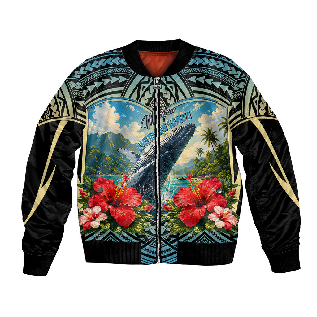 Personalized Masefau American Samoa Whale Bomber Jacket Polynesian Tribal Pattern Tropical Hibiscus