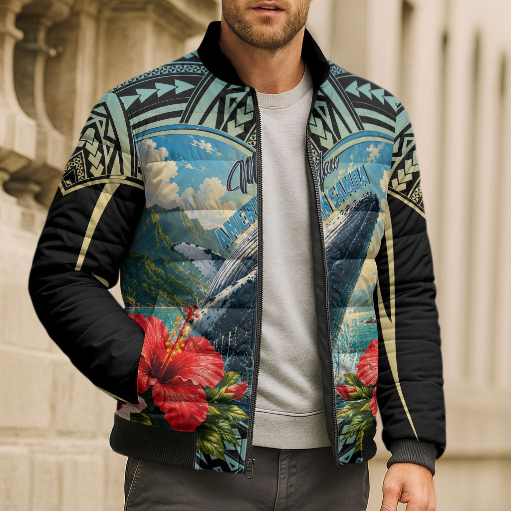 Personalized Masefau American Samoa Whale Bomber Puffer Jacket Polynesian Tribal Pattern Tropical Hibiscus