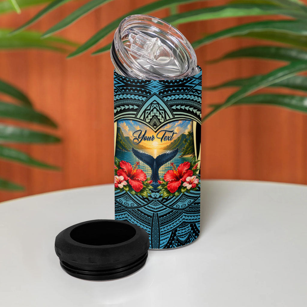 Personalized Masefau American Samoa Whale 4 in 1 Can Cooler Tumbler Polynesian Tribal Pattern Tropical Hibiscus
