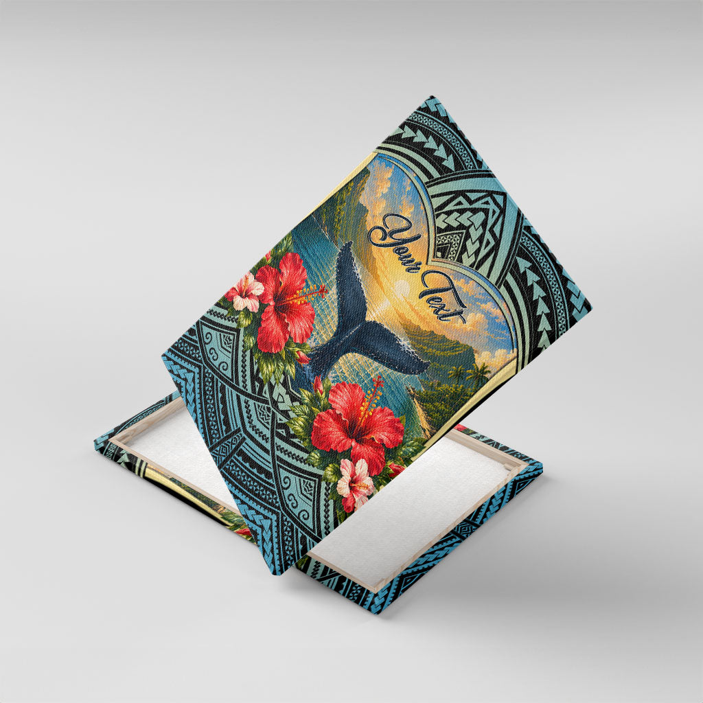 Personalized Masefau American Samoa Whale Canvas Wall Art Polynesian Tribal Pattern Tropical Hibiscus