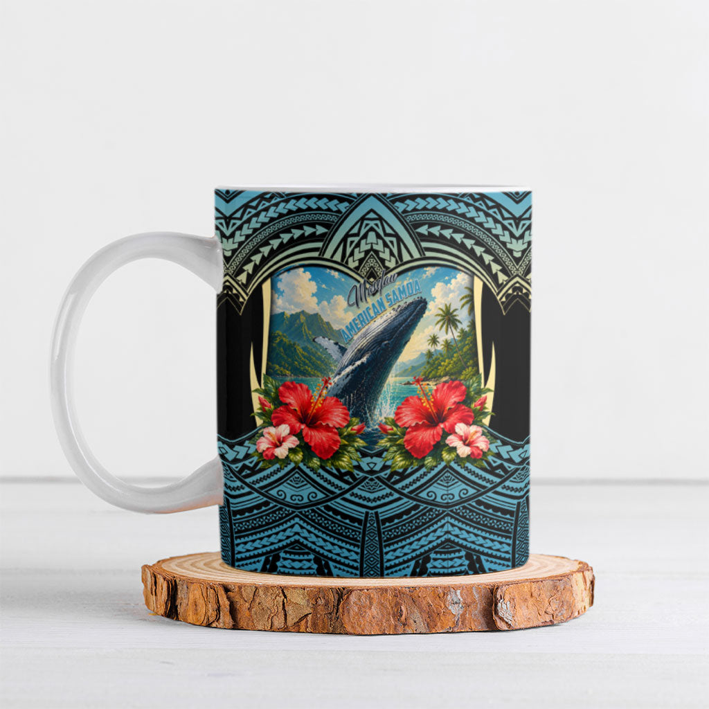 Personalized Masefau American Samoa Whale Ceramic Mug Polynesian Tribal Pattern Tropical Hibiscus