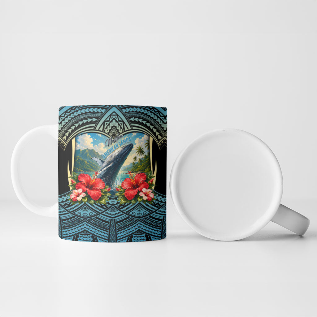 Personalized Masefau American Samoa Whale Ceramic Mug Polynesian Tribal Pattern Tropical Hibiscus