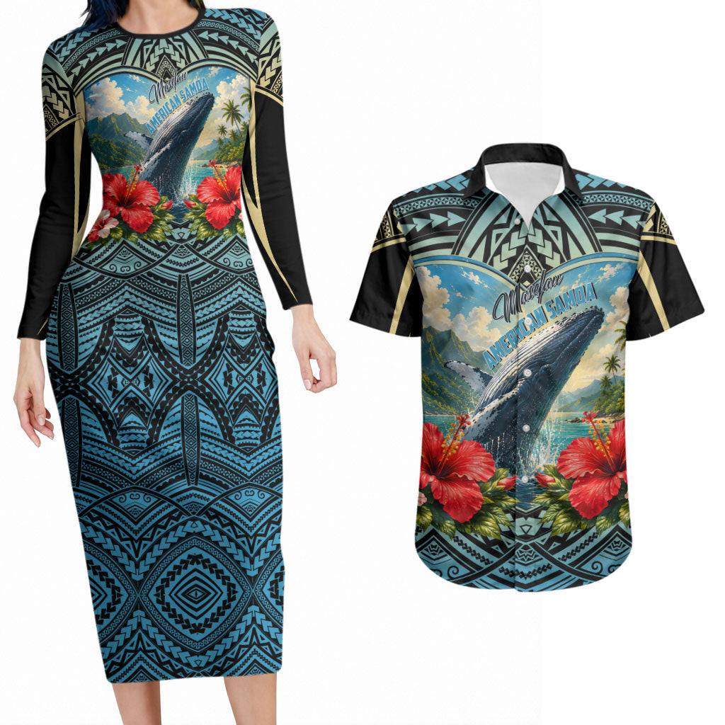 Personalized Masefau American Samoa Whale Couples Matching Long Sleeve Bodycon Dress and Hawaiian Shirt Polynesian Tribal Pattern Tropical Hibiscus TS04 Black Blue - Polynesian Pride