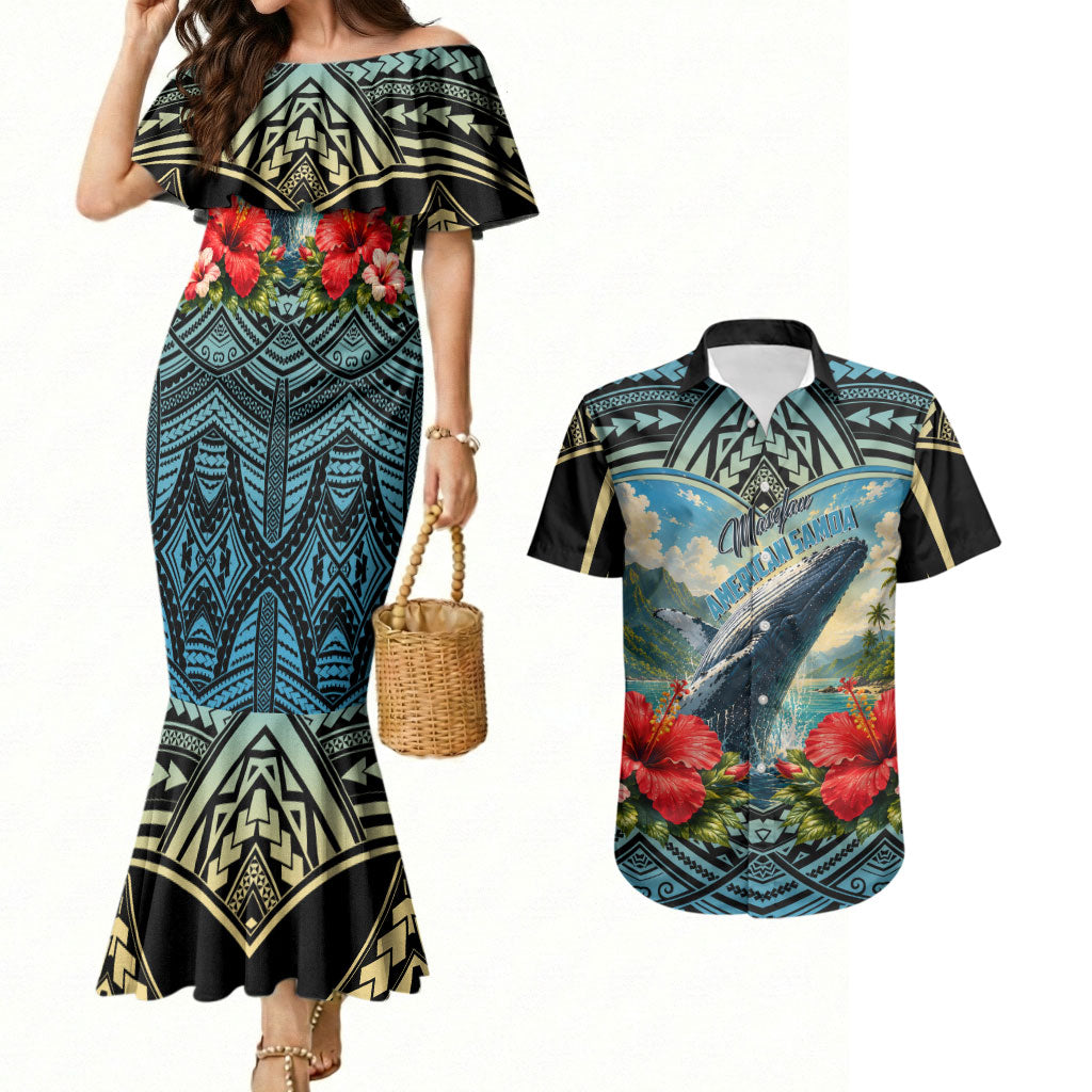 Personalized Masefau American Samoa Whale Couples Matching Mermaid Dress and Hawaiian Shirt Polynesian Tribal Pattern Tropical Hibiscus