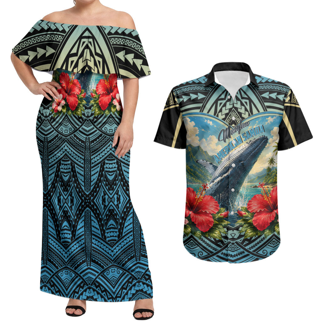 Personalized Masefau American Samoa Whale Couples Matching Off Shoulder Maxi Dress and Hawaiian Shirt Polynesian Tribal Pattern Tropical Hibiscus TS04 Black Blue - Polynesian Pride