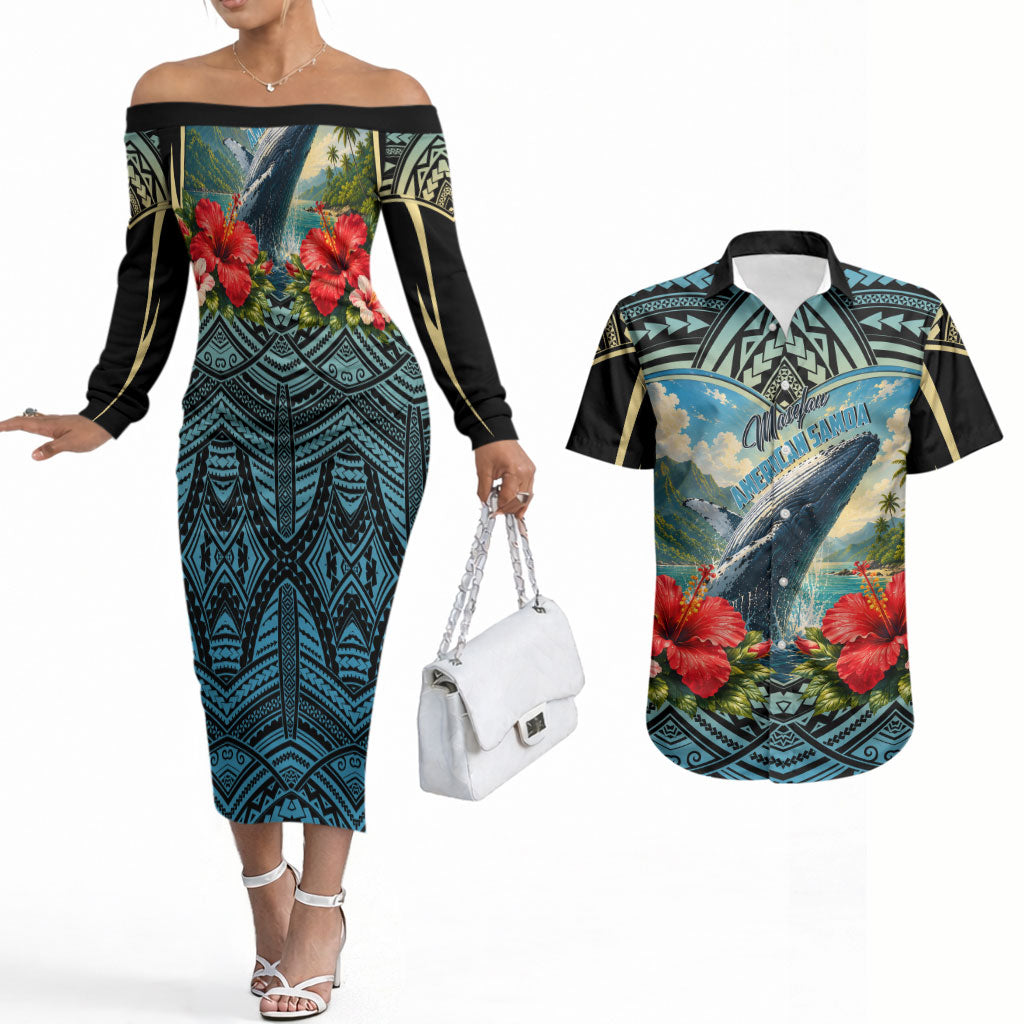 Personalized Masefau American Samoa Whale Couples Matching Off The Shoulder Long Sleeve Dress and Hawaiian Shirt Polynesian Tribal Pattern Tropical Hibiscus