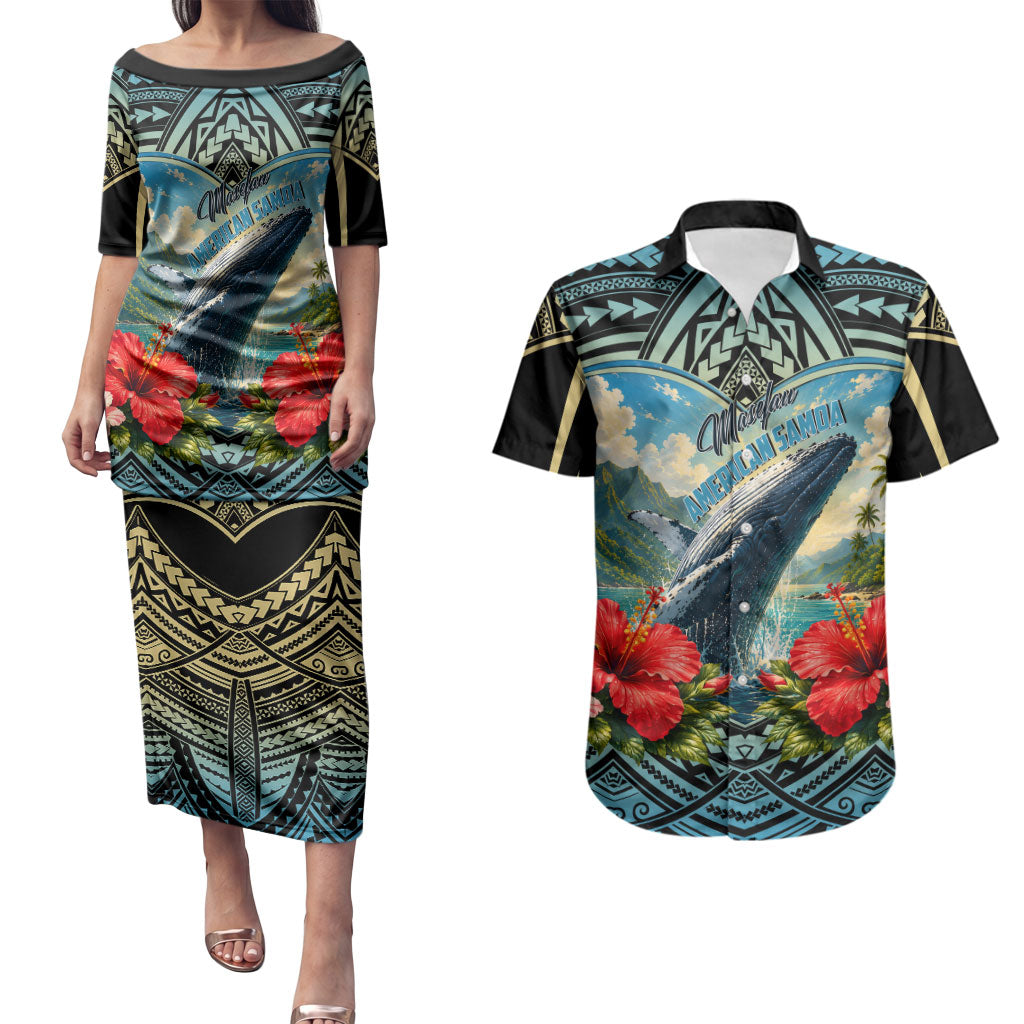 Personalized Masefau American Samoa Whale Couples Matching Puletasi and Hawaiian Shirt Polynesian Tribal Pattern Tropical Hibiscus TS04 Black Blue - Polynesian Pride